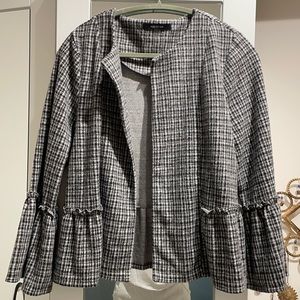 August Silk Checkered Peplum Cardigan with Bell Sleeves